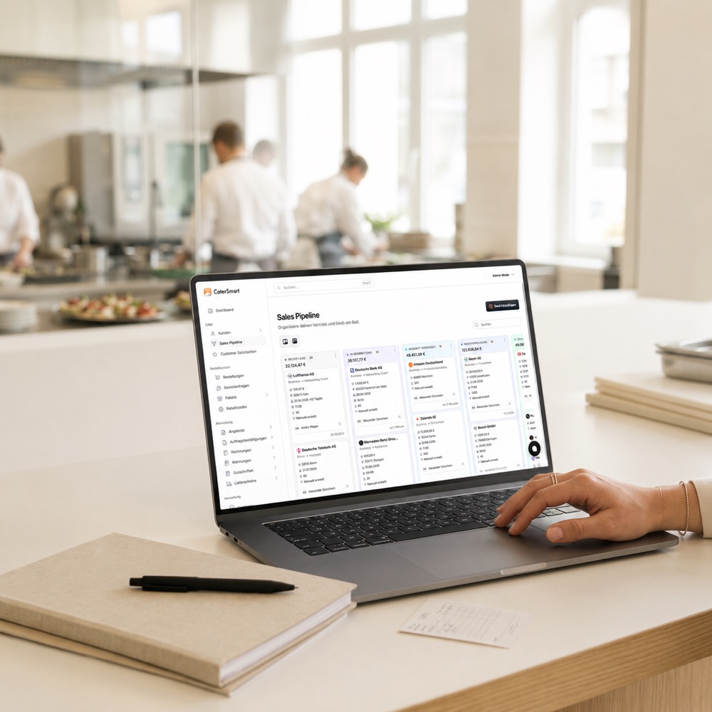 CaterSmart Sales-Pipeline auf dem Laptop in einer Catering-Küche